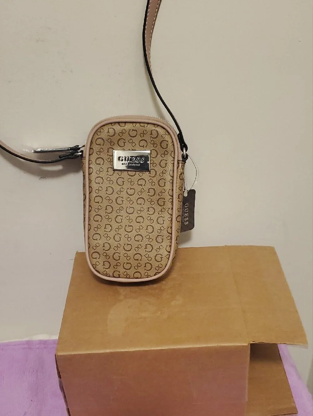 GUESS Beige Monogram Phone Crossbody with Pale Nude Trim